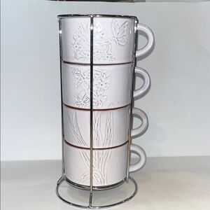 Pier 1 White Floral Embossed Glazed Terracotta Stacking Mugs with Stand